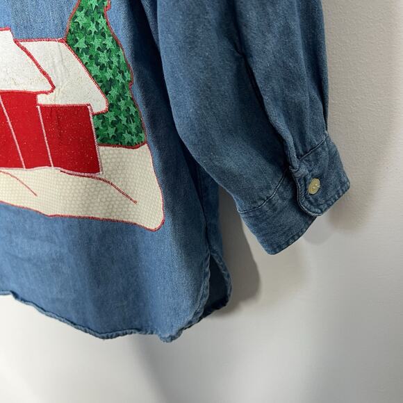 Amercian Rave Shirt Womens Medium Blue Denim Button Up Lighthouse Holiday Cotton - Picture 4 of 9